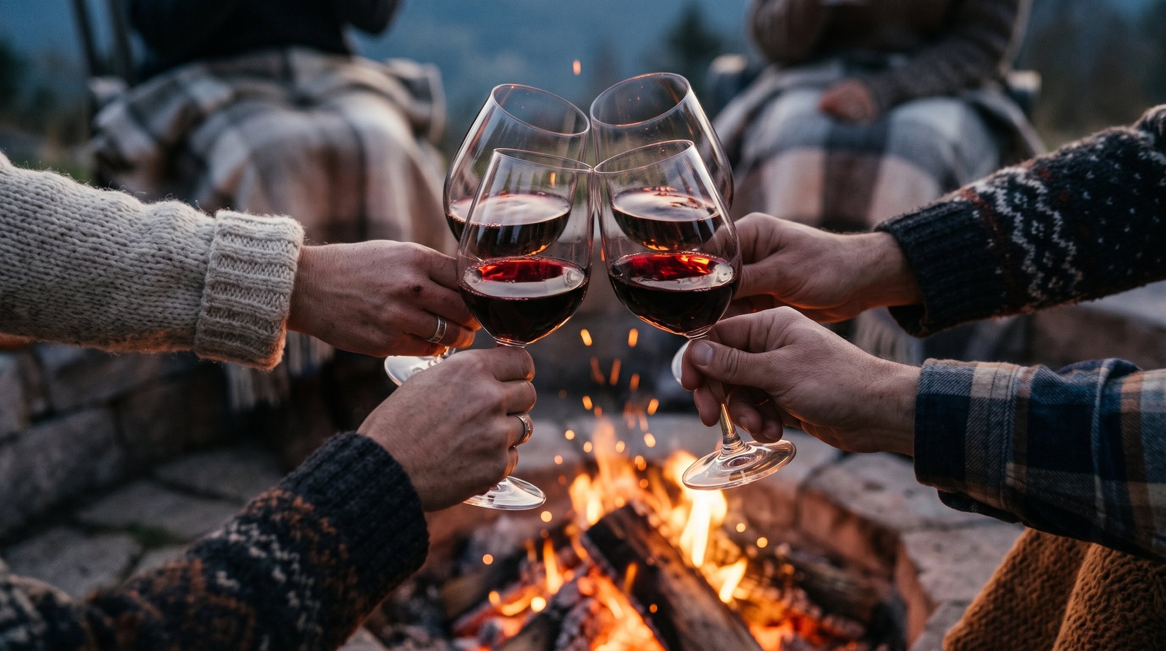 Close up over the fire pit: four hands in wool sleeves raise glasses of red wine and clink them, sparks rising behind.