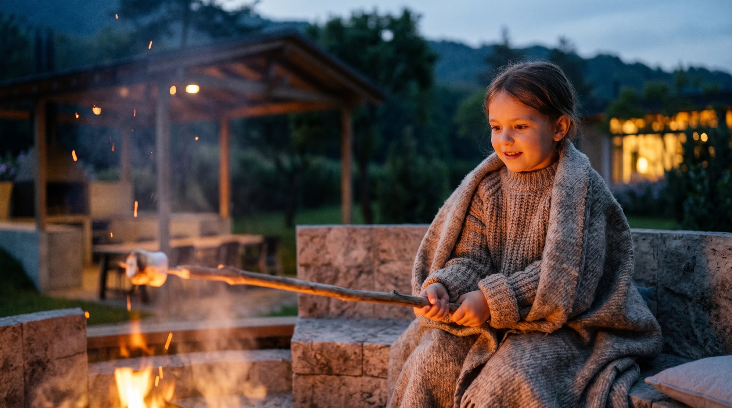 A little girl wrapped in a knit blanket smiles as she holds a marshmallow on a long stick over the flames, the pavilion lit behind her.