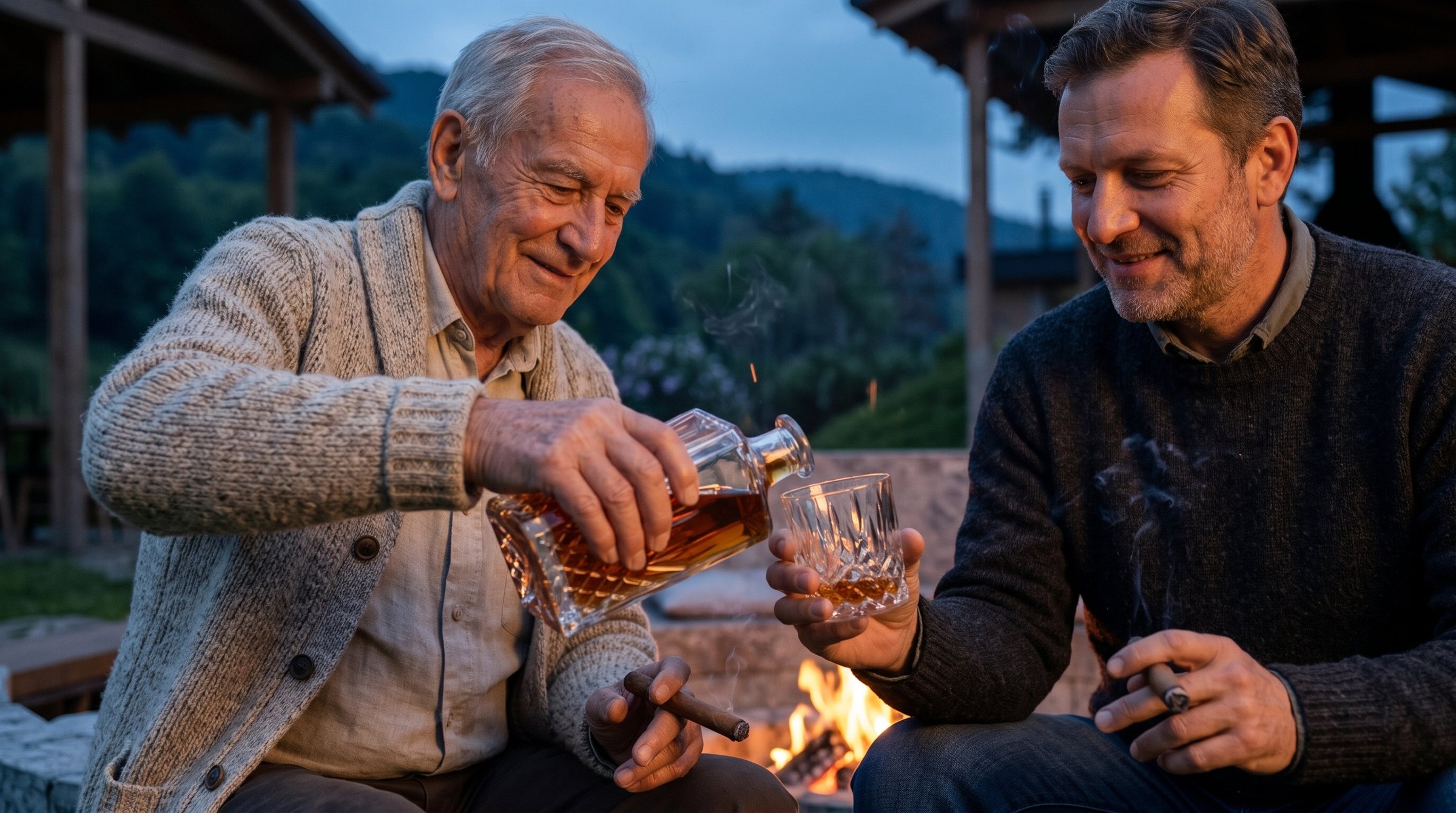 A grandfather pours whisky from a cut-crystal decanter into his son's glass, both holding cigars and smiling by the fire.