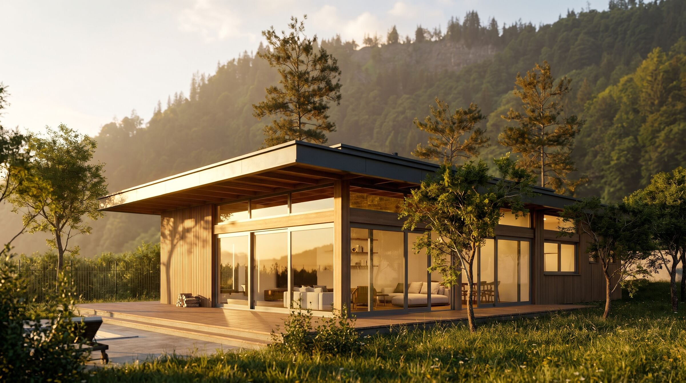 The house at sunset: a long single storey in larch and glass with a deck facing the valley.
