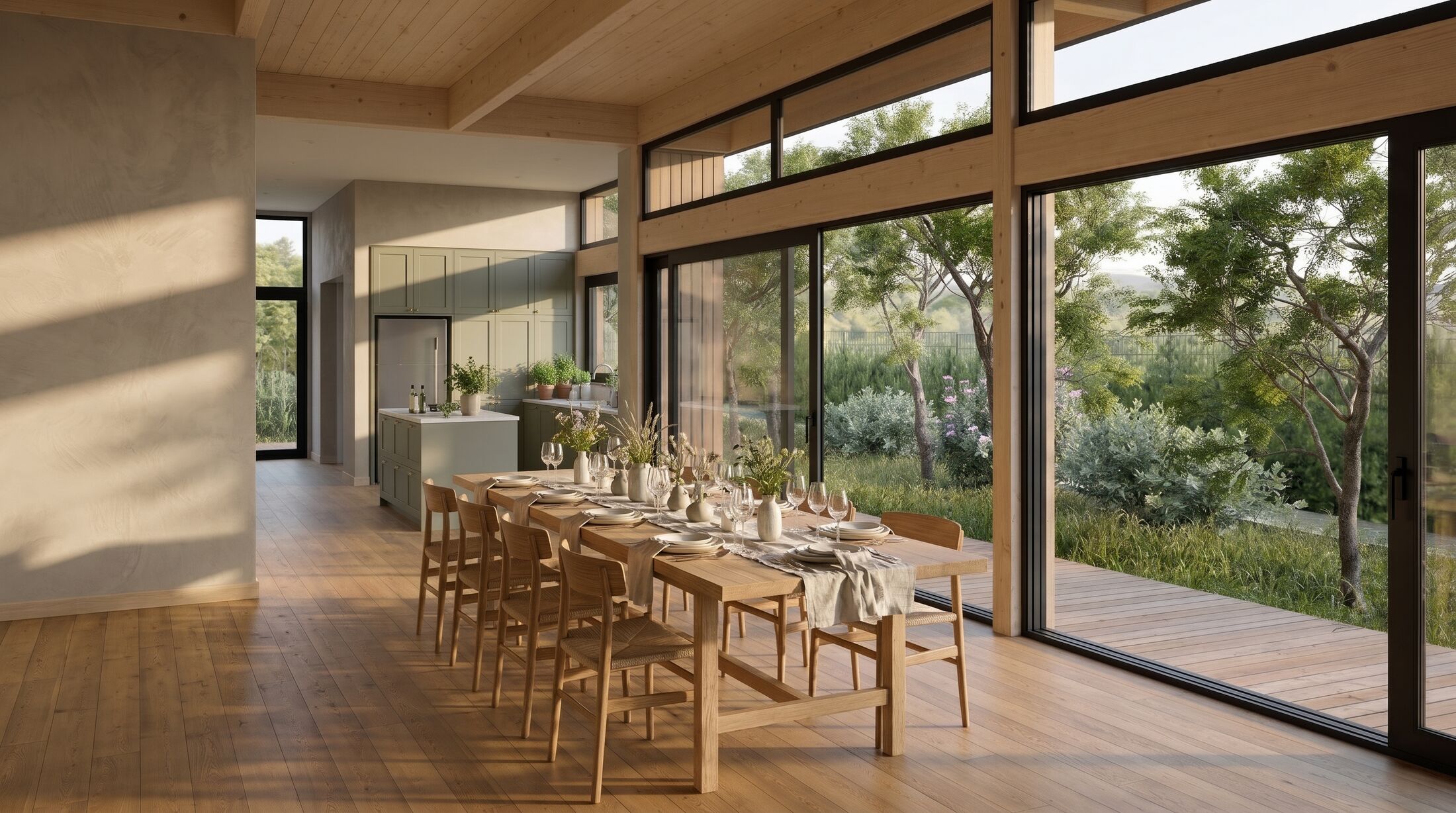 The open living space under the timber beams: a long oak table set for ten by the stove, glass walls to the trees.