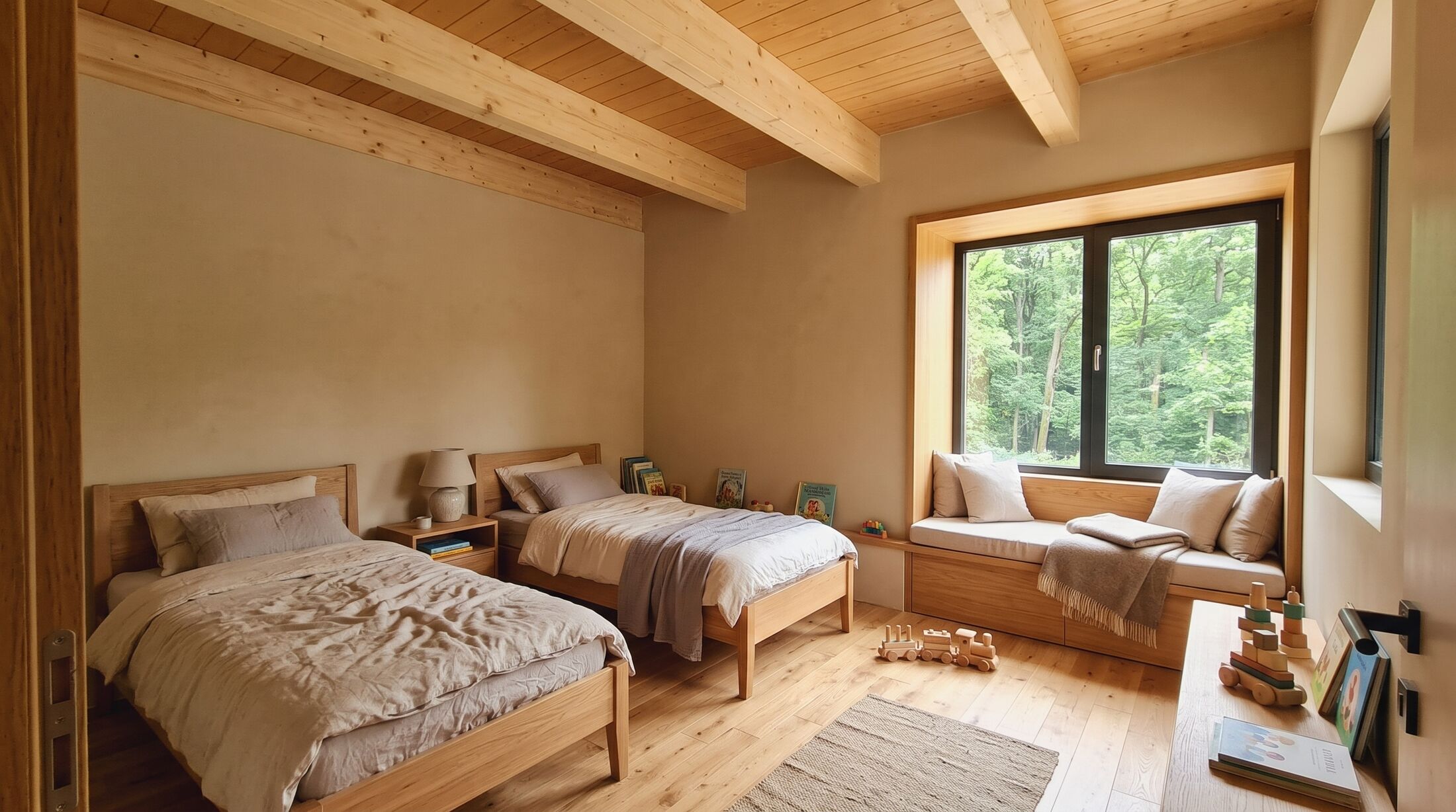 The children's room: two oak single beds in linen, a window seat with cushions and wooden toys on the floor.