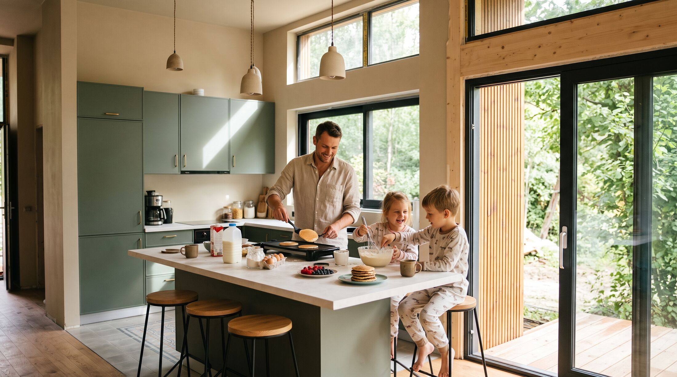 Morning in the kitchen: a father making pancakes at the sage-green island while two children in pyjamas help.