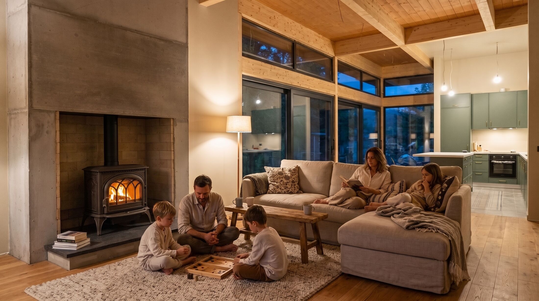 Evening by the stove: a father and two boys playing a wooden board game on the rug while the mother and daughter read on the sofa.