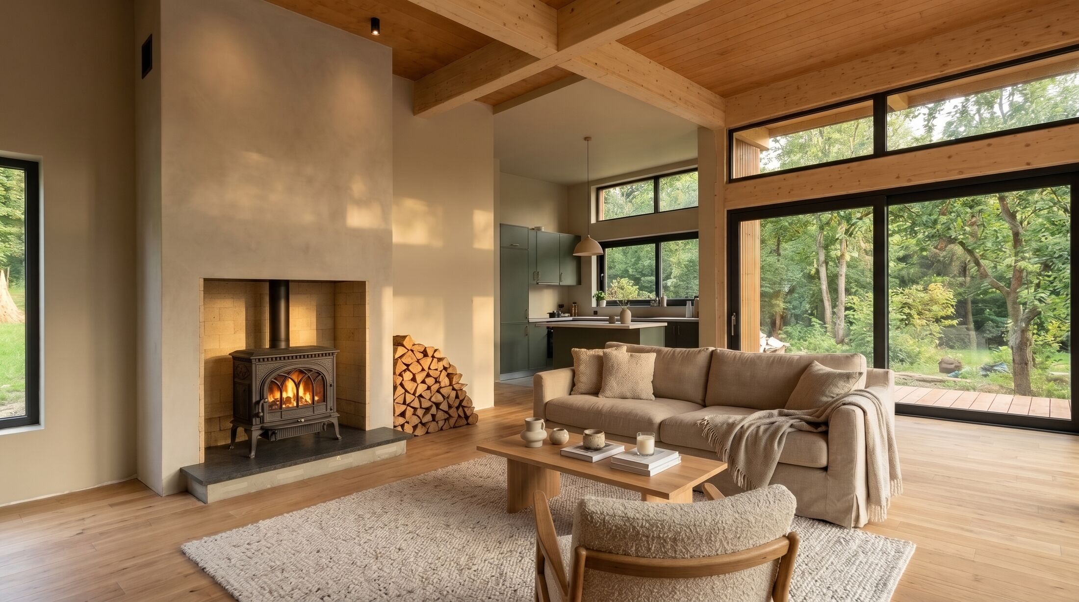 The living room: a cast-iron wood stove burning in a plastered chimney breast, a deep linen sofa, wool rug and stacked firewood, glass walls to the garden.