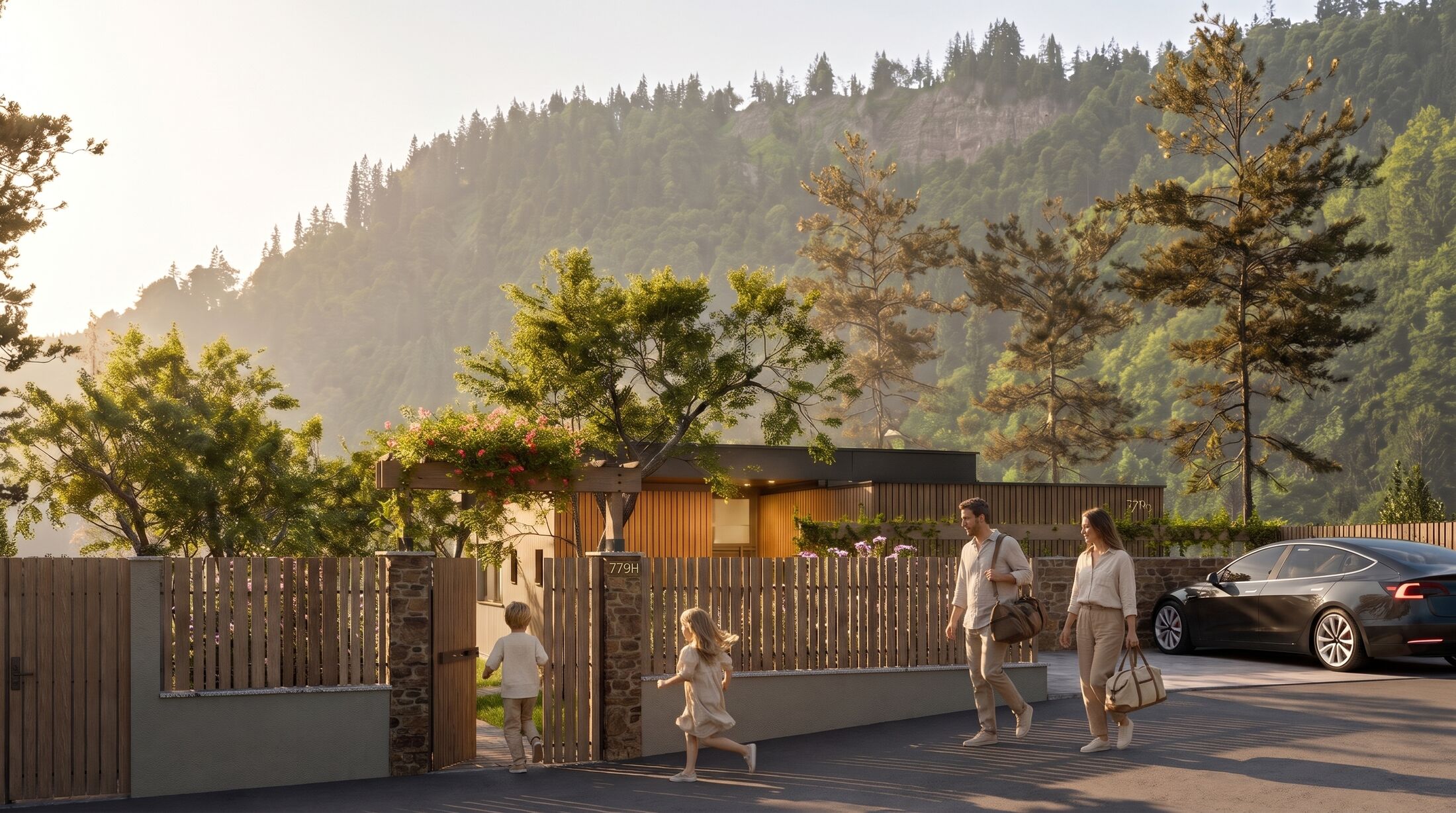 A family arriving: two children run ahead through the open gate while their parents follow with weekend bags.