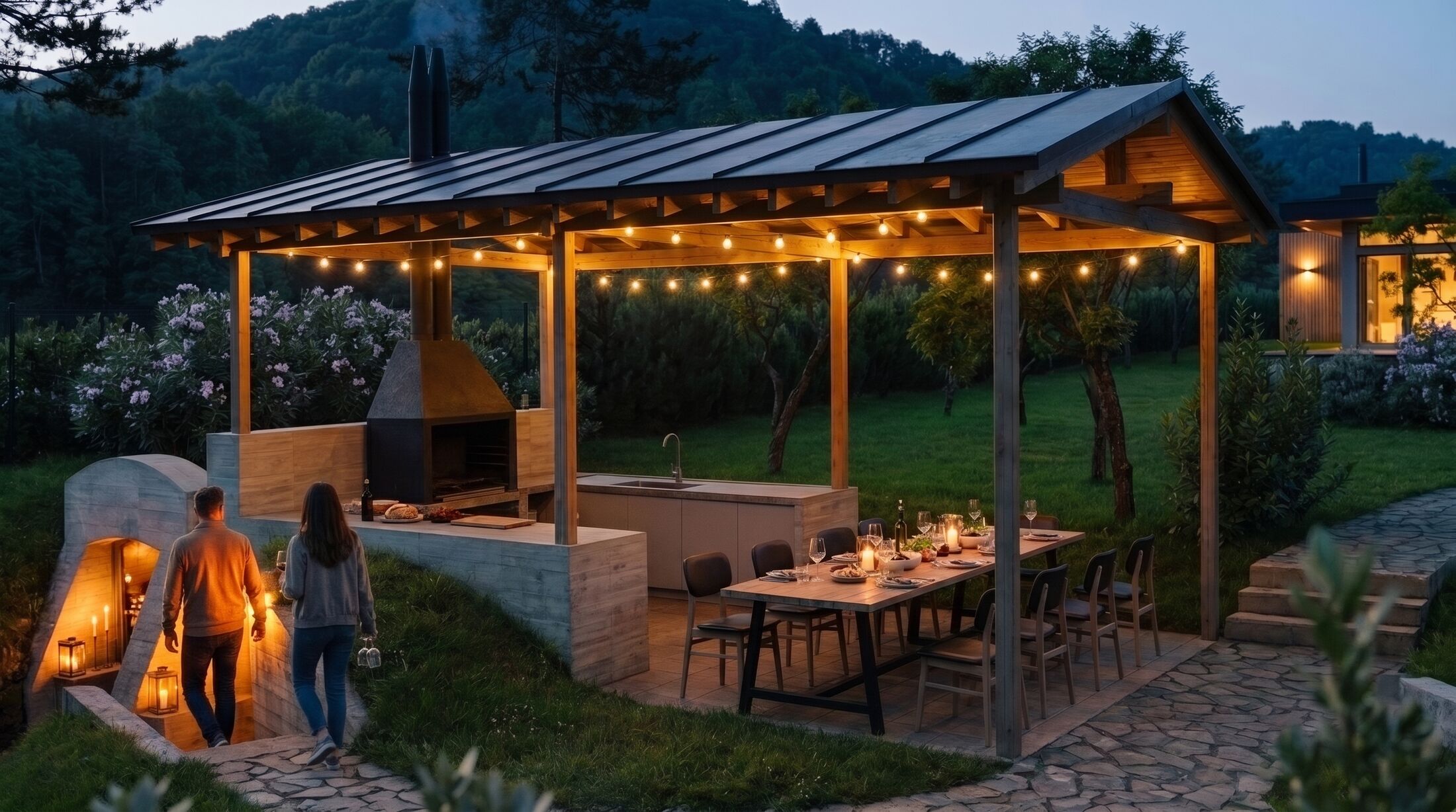 Dusk at the pavilion: a couple walks down the stone path into the glowing arched cellar entrance built into the grass mound beside the barbecue counter.