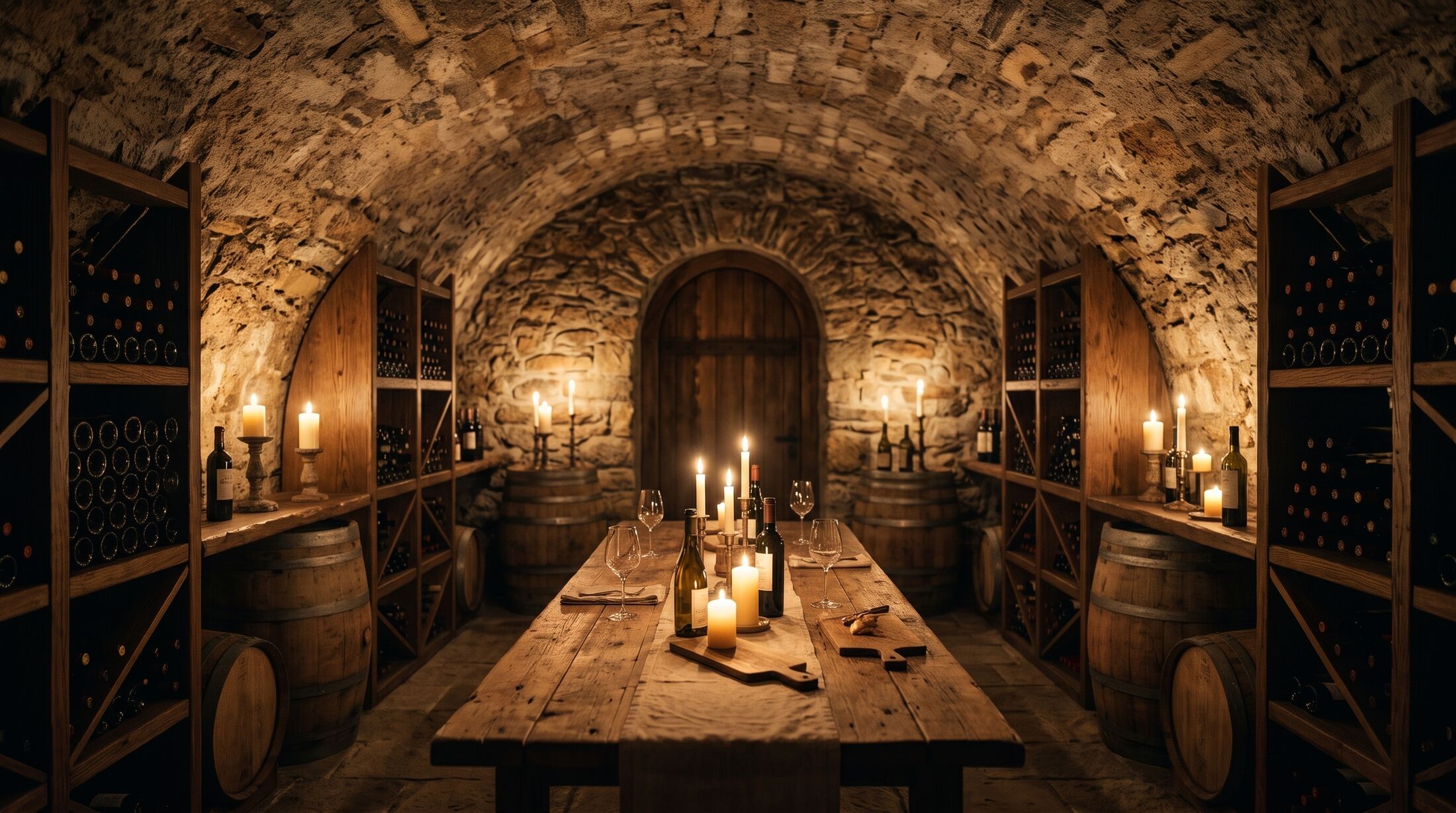 The vaulted stone wine cellar: oak racks of bottles, barrels and a long tasting table lit by candles.