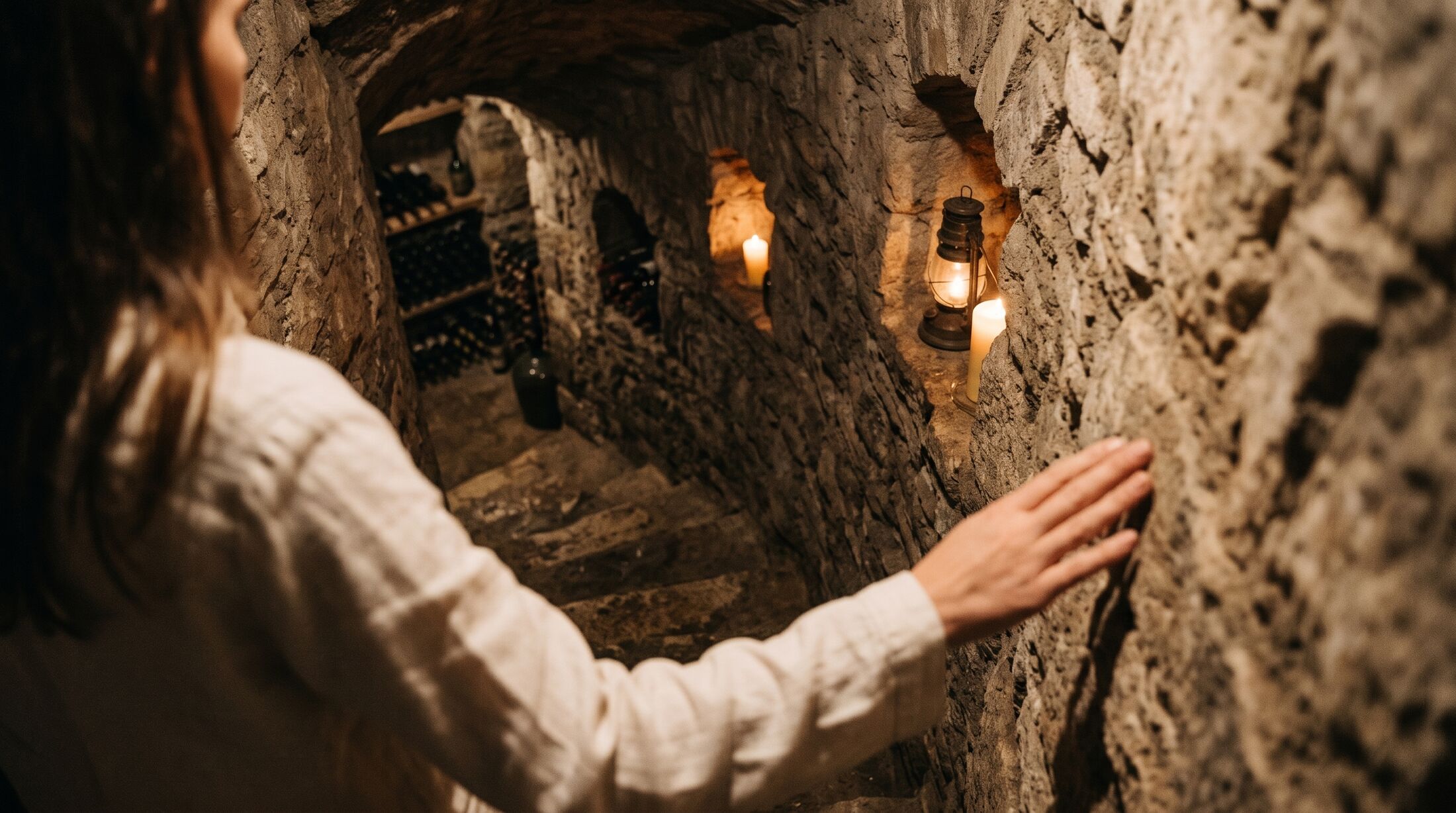 A woman walks down narrow stone steps into the earth, her hand on the wall, lanterns lighting the way.