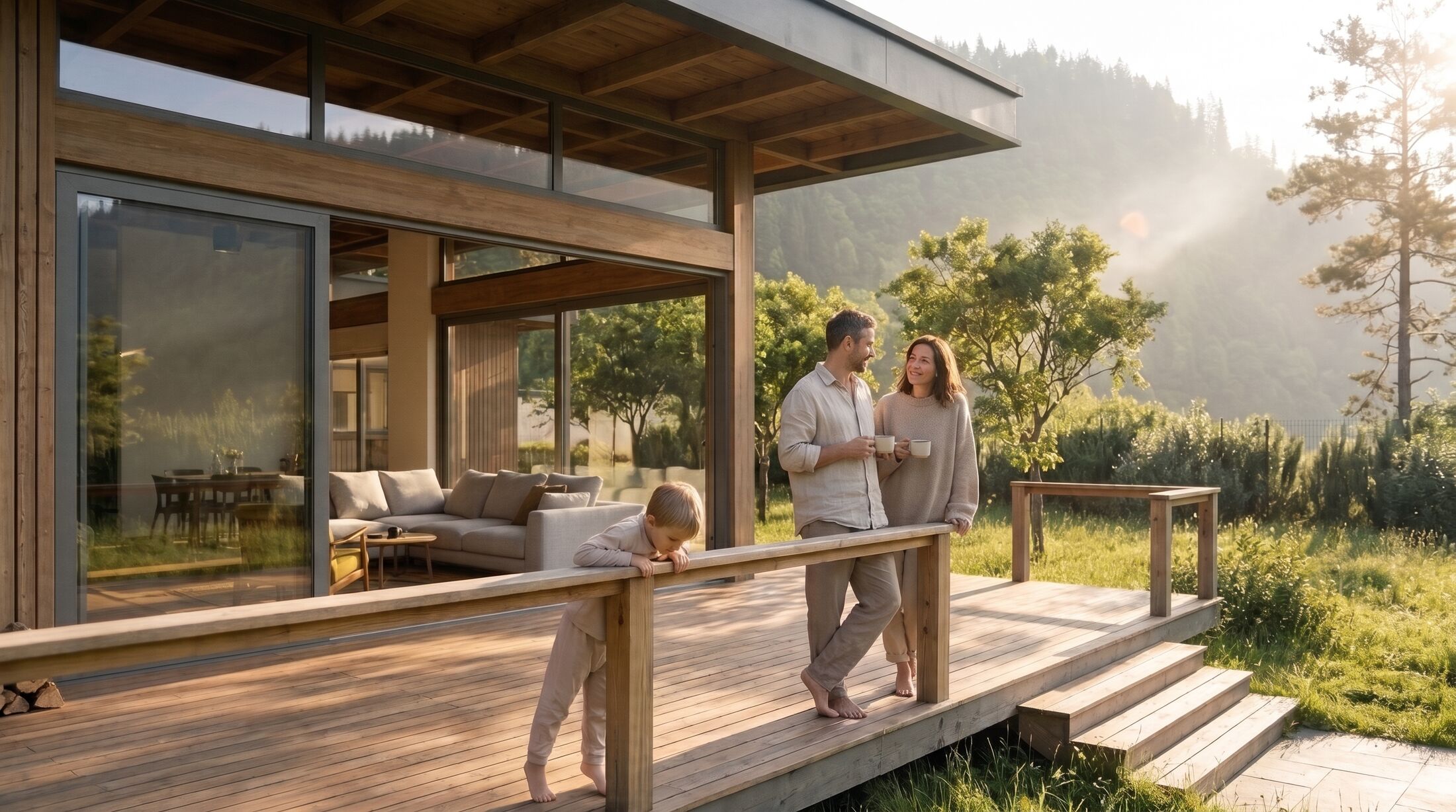 Morning on the deck: a couple with coffee by the open glass doors, their son leaning on the railing.