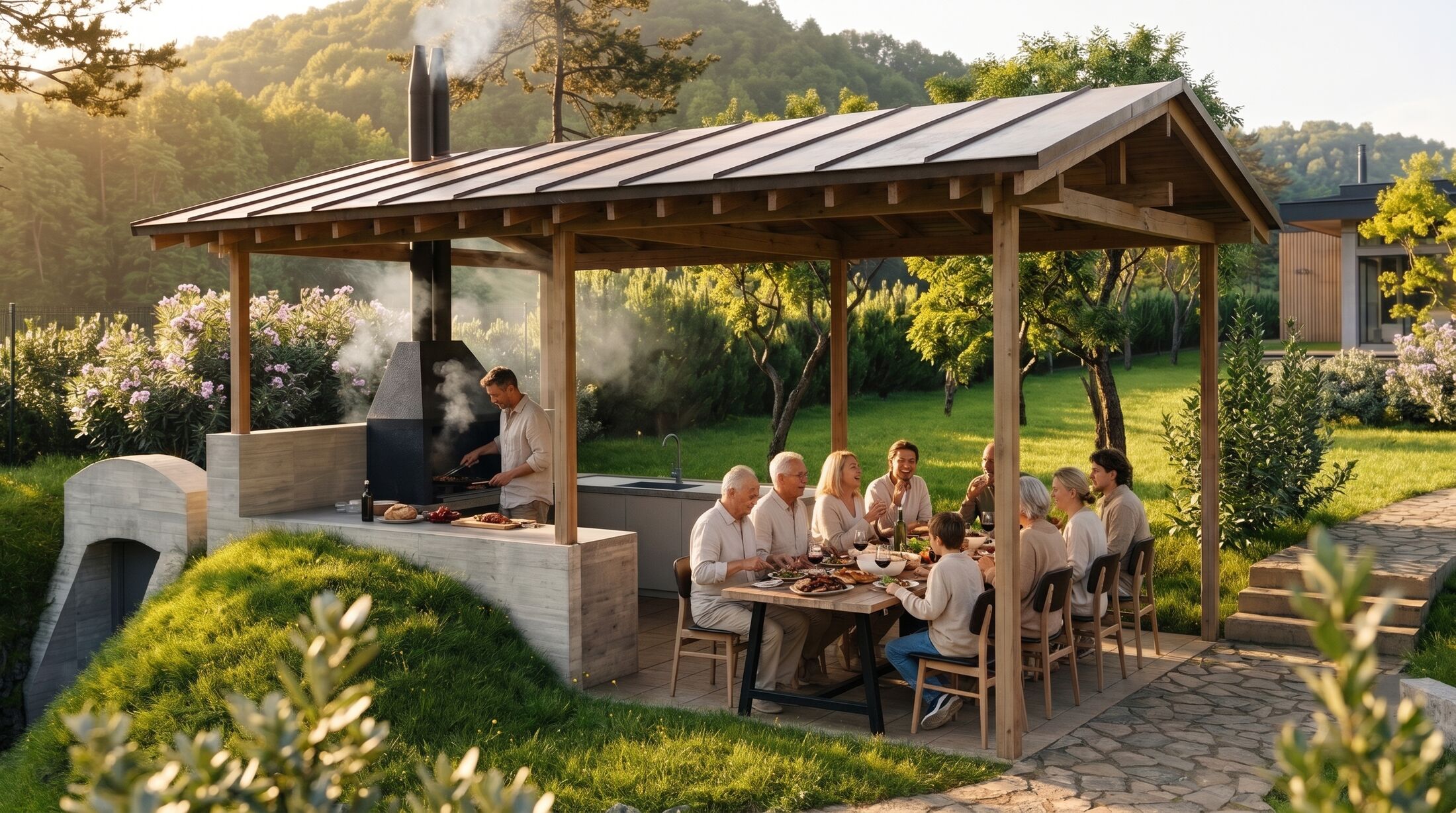 Evening under the pavilion: three generations at one long table while dinner comes off the grill.