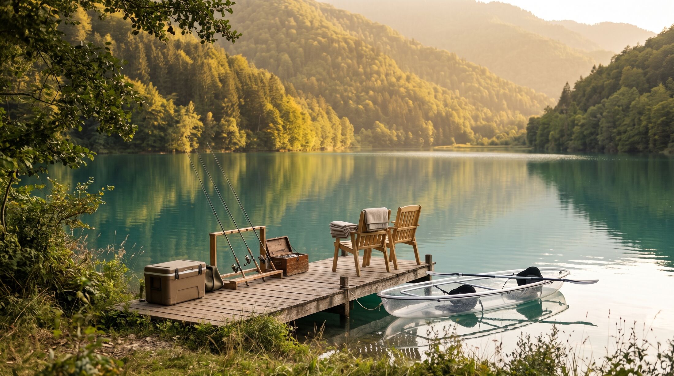 The small wooden dock at the shore, ready and waiting: fishing rods in a rack, a tackle box, a cooler, folded towels and two chairs, a clear kayak tied alongside.