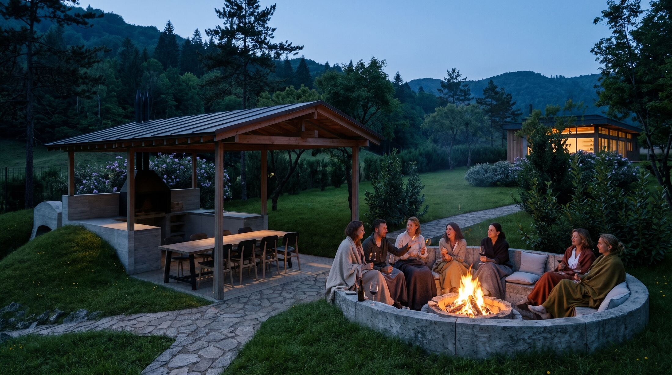 Blue hour: family and friends wrapped in blankets on the cushions around the sunken fire pit, glasses of wine, the pavilion behind them.
