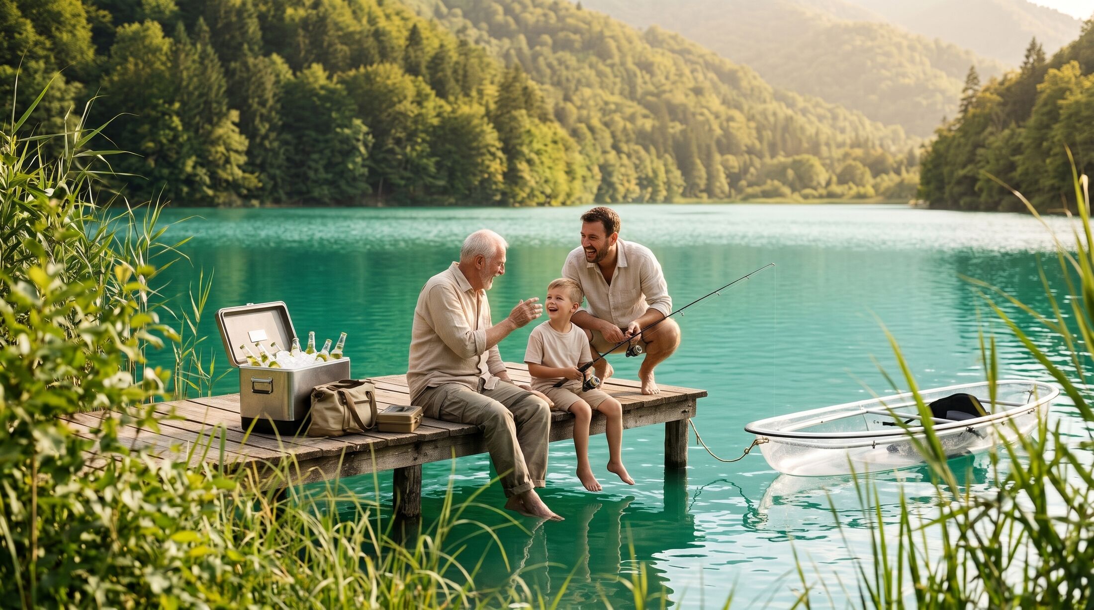 Seen through the reeds: a grandfather, a father and a young boy fishing and laughing on the dock, a cooler of cold drinks beside them and the clear kayak floating alongside.