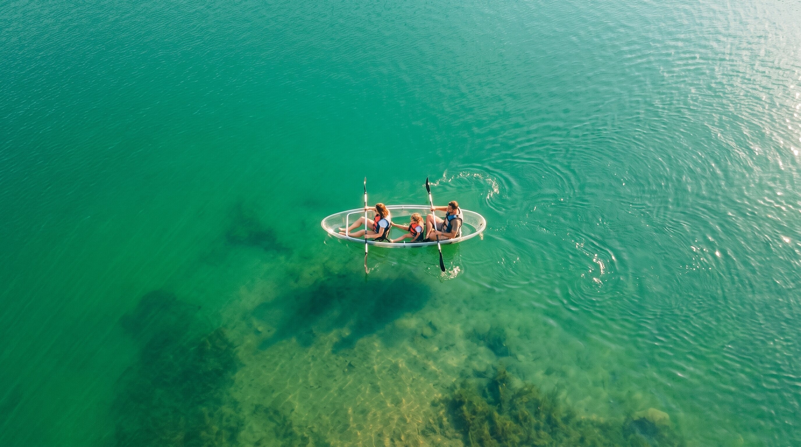 Straight down from above: a clear kayak on the turquoise lake, a little girl between her two paddling parents.