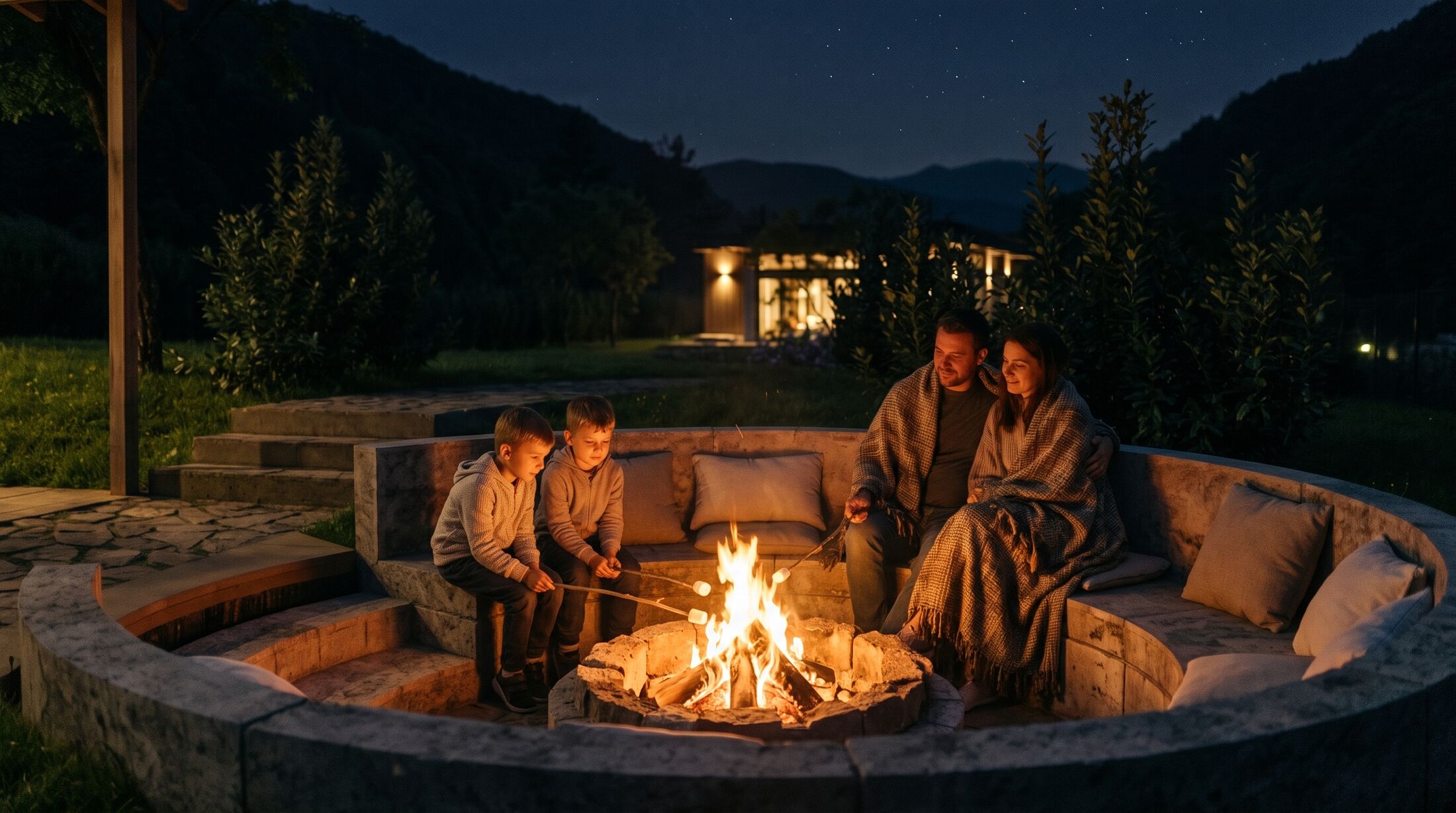 Night at the sunken fire pit: two children toasting marshmallows, their parents wrapped in blankets behind them.