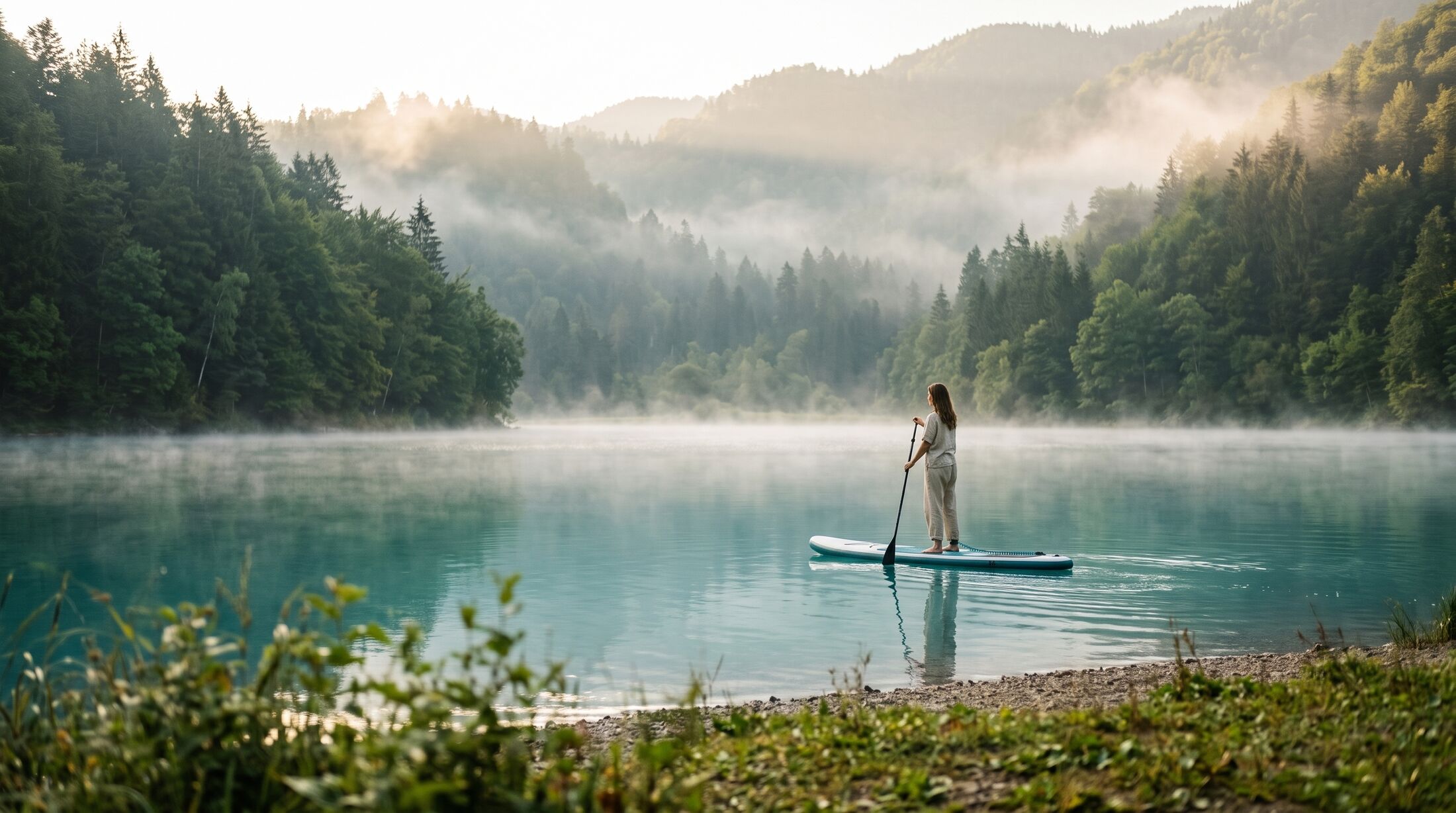Early morning: a woman on a paddle board on the still turquoise lake, mist over the forested hills.