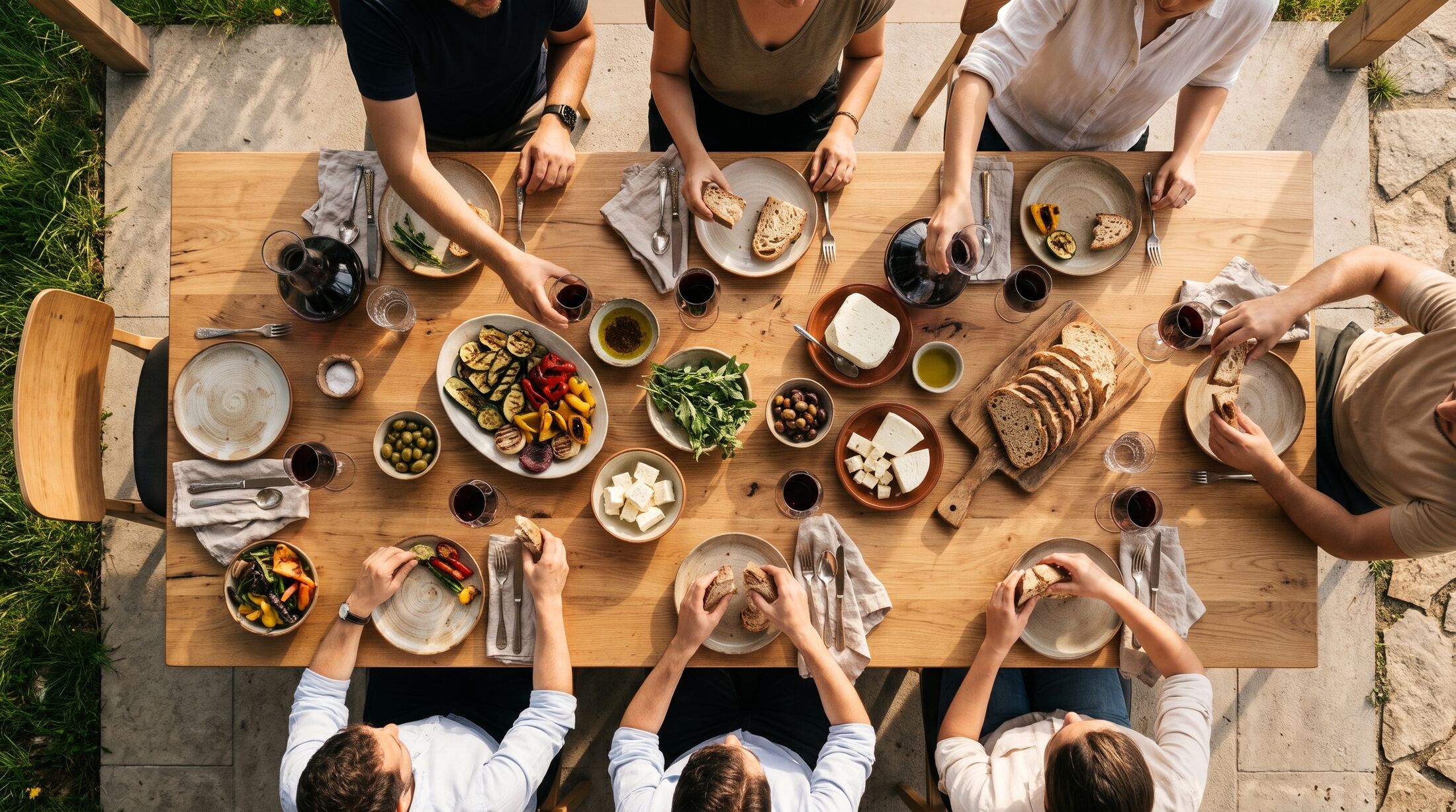 From above: hands reaching across the long wooden table for grilled vegetables, bread, cheese and red wine.
