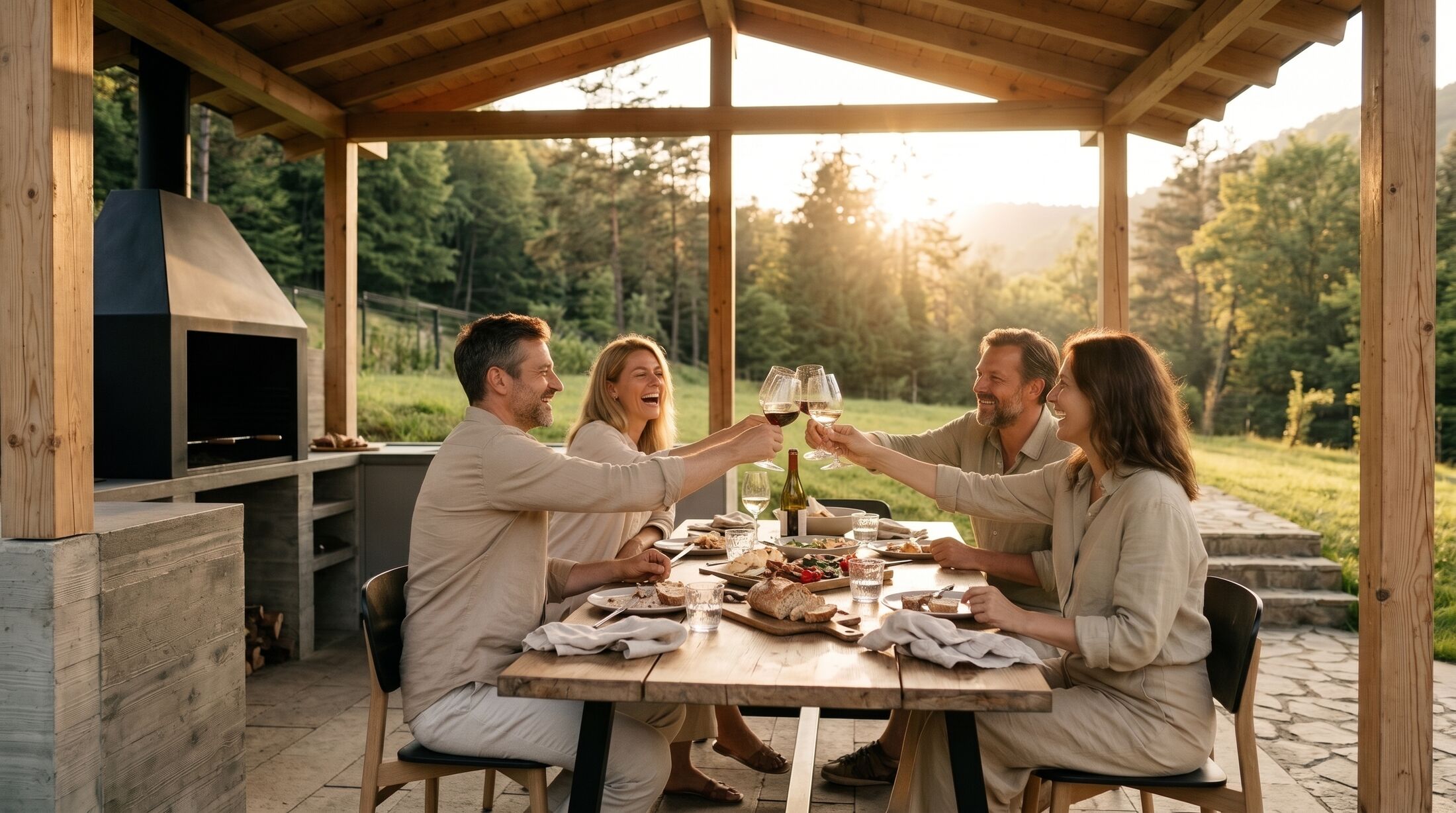 Four friends raising glasses of red wine at the table under the pavilion, laughing, with the sun setting behind them.
