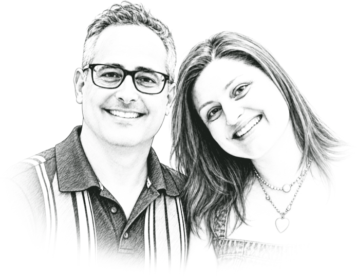 Pencil portrait of Viki and Agiv, smiling side by side.