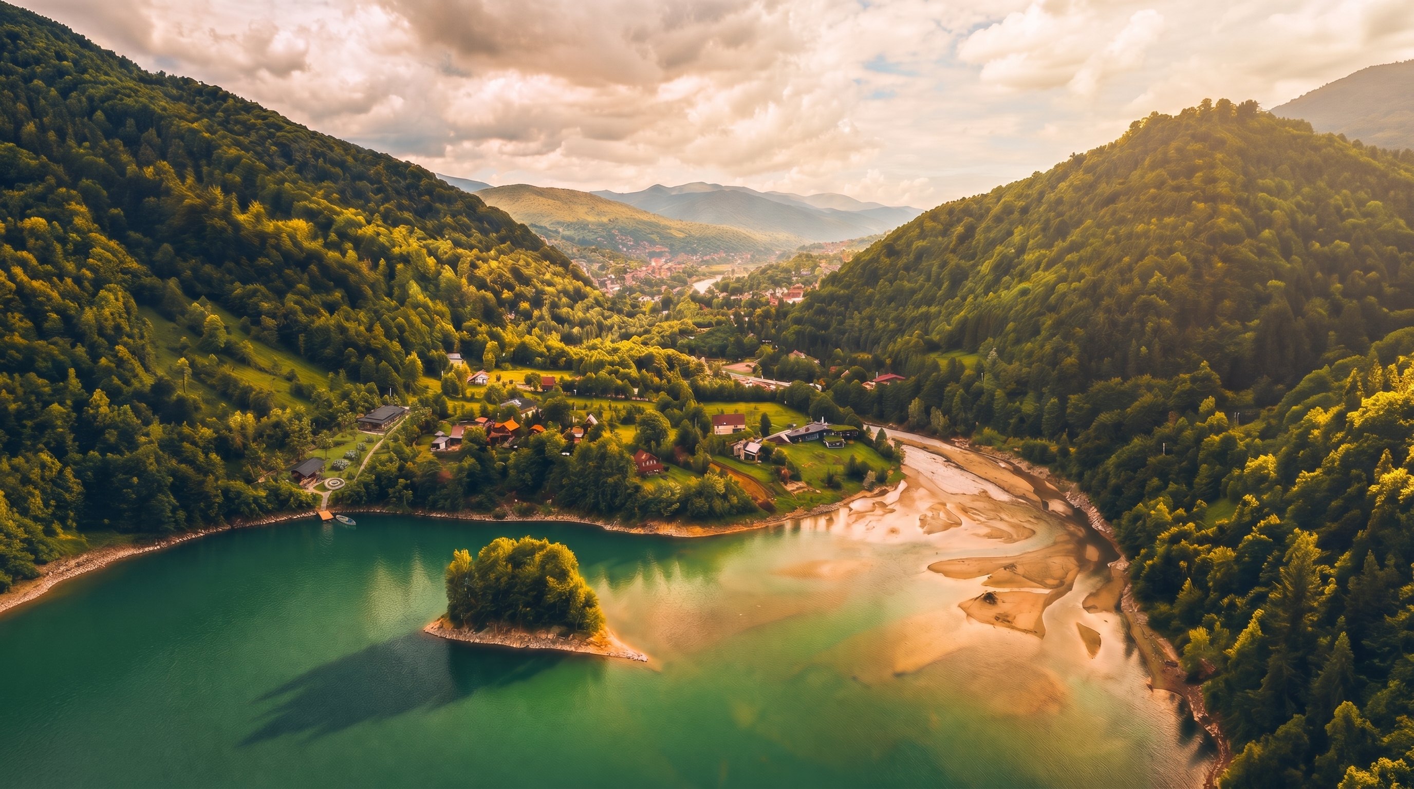 The Doftana Valley from the air: forested hills around a green lake with a small wooded island, and the narrow plot of the house running from the road down to the shore.